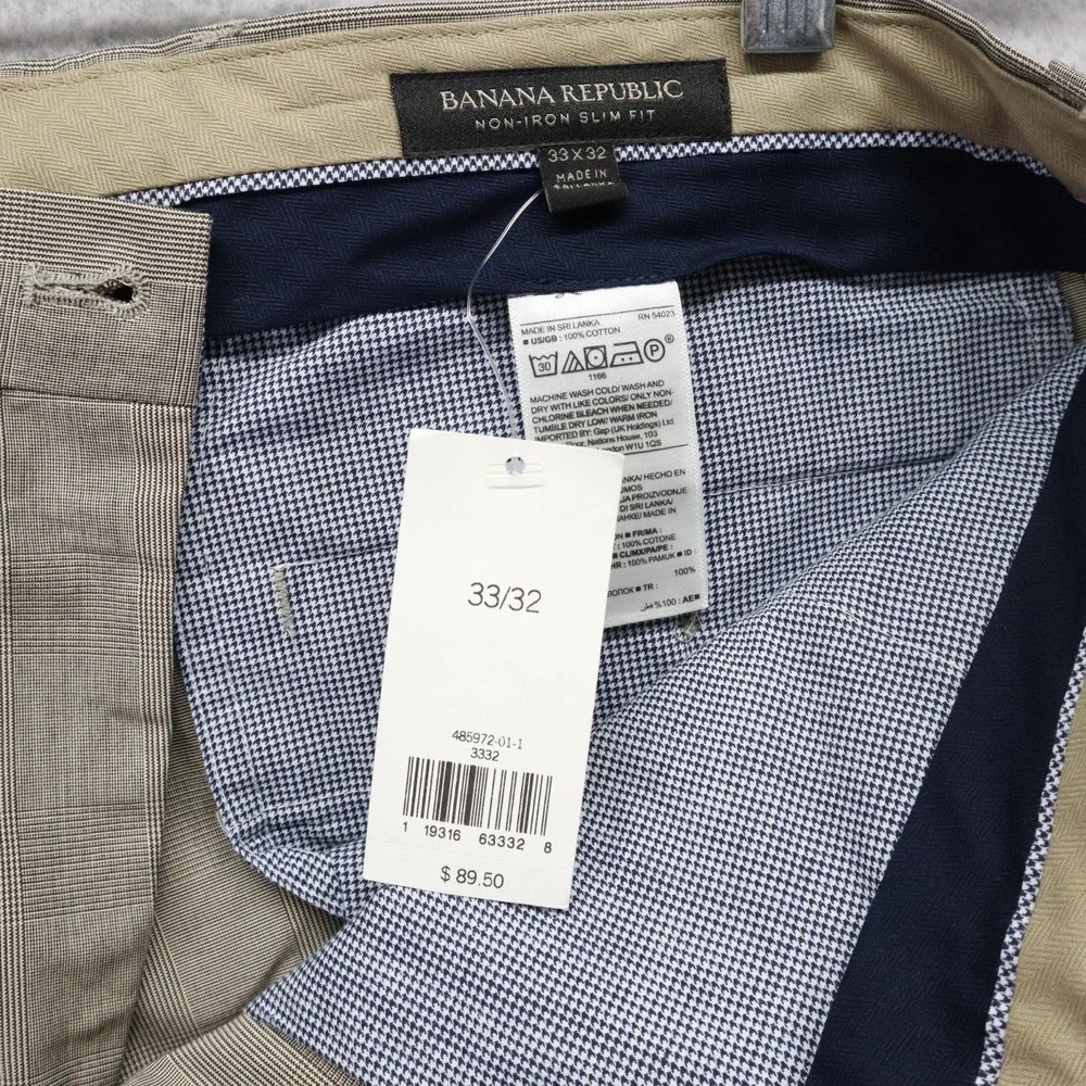 Banana Republic Pants Mens 33x32 Non-Iron Slim Fit‎ Dress Suit Formal Plaid NWT